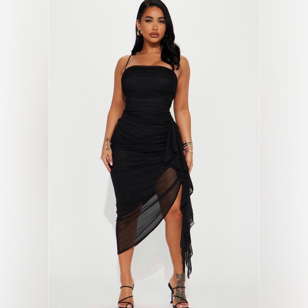 Ruched Midi Black Dress